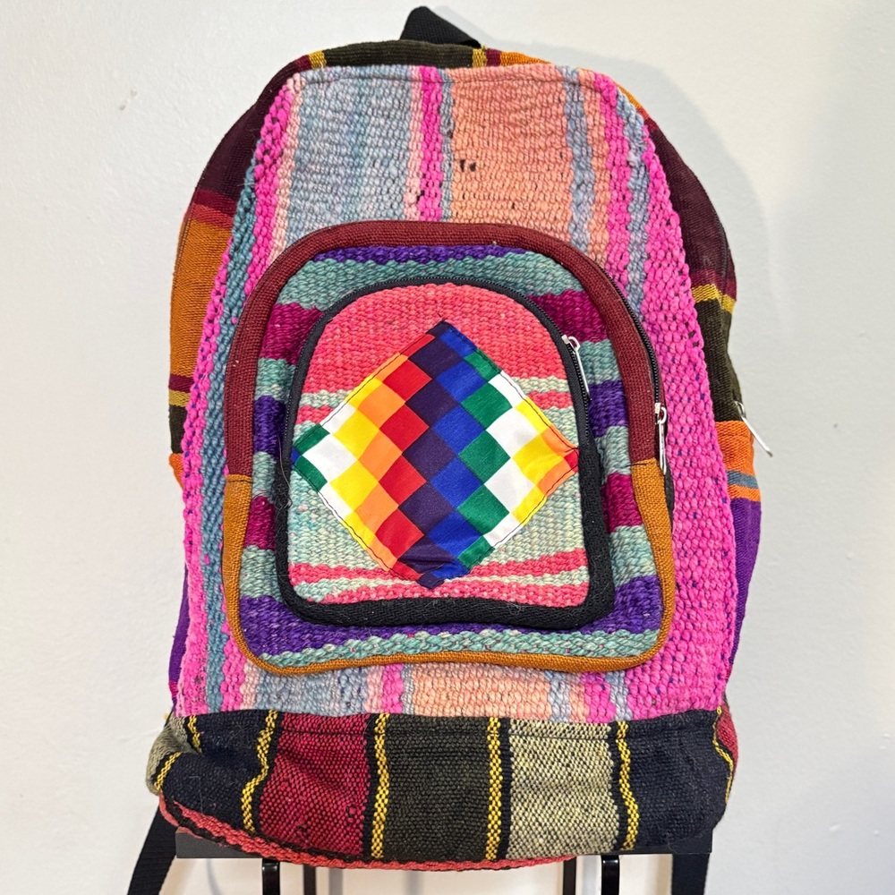 Colourful Woven Striped Backpack Front Pocket Rainbow Wiphala Made in Andes SA - Picture 3 of 16